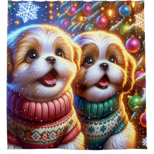 Rideaux De Douche "Chih Tzu Puppies’ Père Noël Sighting" (Devant)