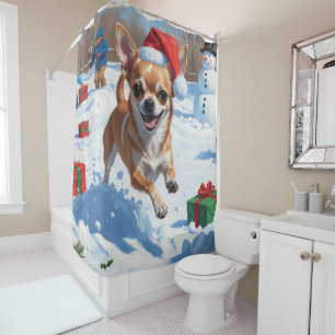 Rideaux De Douche Chihuahua courant dans la neige avec un chapeau de