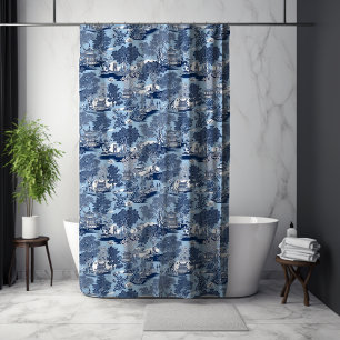 Rideaux De Douche Chinoiserie bleue élégante Toile de saule blanc