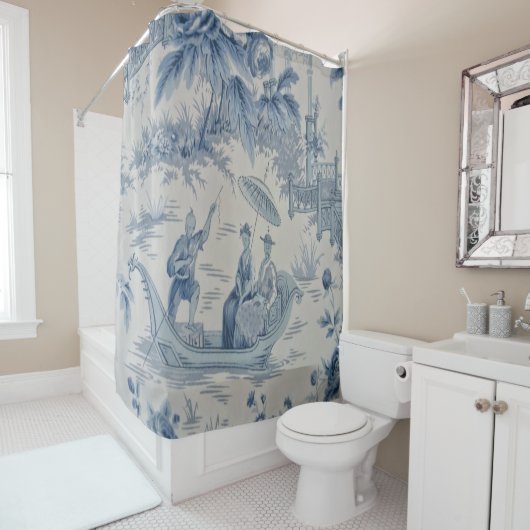 Rideaux De Douche Chinoiserie bleue et blanche (En situation)