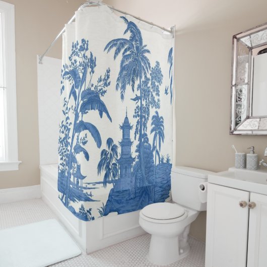 Rideaux De Douche Chinoiserie bleue et blanche (En situation)