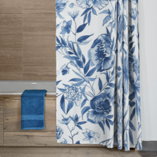 Rideaux De Douche Chinoiserie bleue florale botanique à l'aquarelle