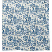 Rideaux De Douche Chinoiserie Pagode Bleu sur Blanc (Devant)