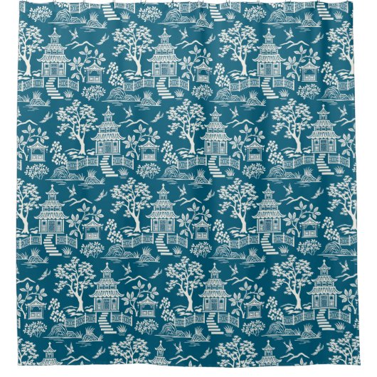 Rideaux De Douche Chinoiserie Pagode Turquoise (Devant)