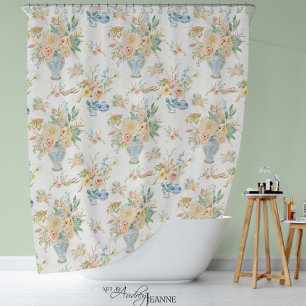 Rideaux De Douche Chinoiserie Vase Florale Peony Bain rose