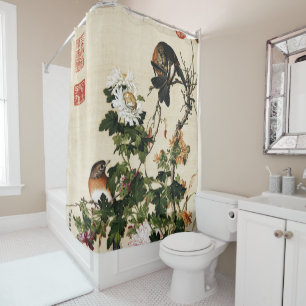Rideaux De Douche Chinoiserie Vintage Art Chrysanthèmes et Oiseaux