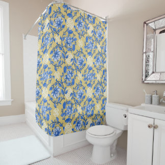 Rideaux De Douche Chinoiserie vintage Florale Bleu et Or