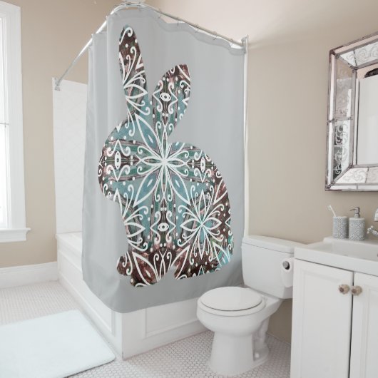 Rideaux De Douche Chocolat Brown et bleu turquoise Mandala Bunny (En situation)