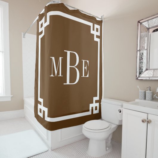 Rideaux De Douche Chocolat Brown Grèce Key Bordure Monogramme (En situation)