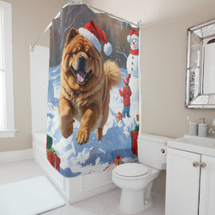 Rideaux De Douche Chow Chow courant dans la neige avec un chapeau de