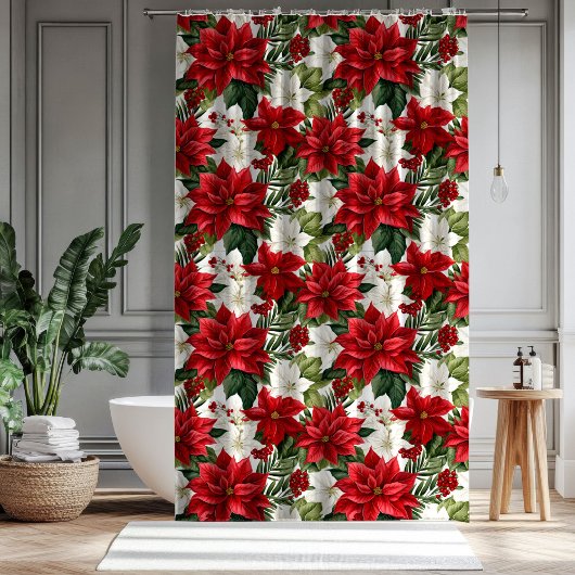 Rideaux De Douche Christmas Bath Curtain Poinsettia Winter Accent