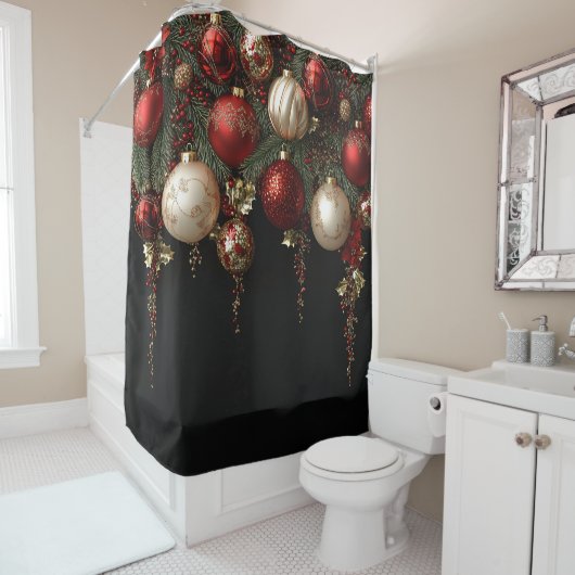 Rideaux De Douche Christmas Ornaments Gold Holly Pine Branches (En situation)