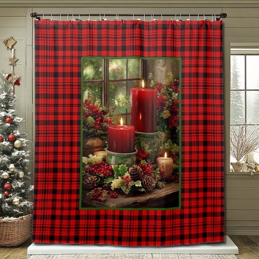 Rideaux De Douche Christmas Red Plaid Red Candles Pine Cones