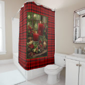 Rideaux De Douche Christmas Red Plaid Red Candles Pine Cones (En situation)