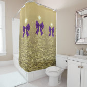 Rideaux De Douche Christmas Sparkling Trees Gold Faux Purple Bow  (En situation)