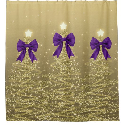 Rideaux De Douche Christmas Sparkling Trees Gold Faux Purple Bow  (Devant)