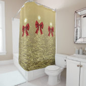 Rideaux De Douche Christmas Sparkling Trees Gold Faux Red Bow  (En situation)