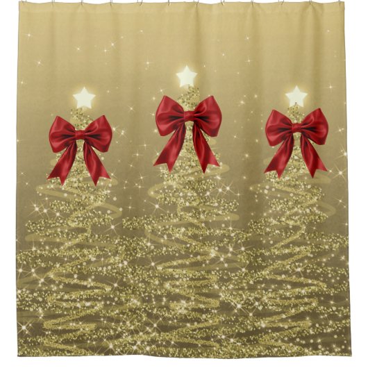 Rideaux De Douche Christmas Sparkling Trees Gold Faux Red Bow  (Devant)