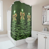 Rideaux De Douche Christmas Sparkling Trees Green Faux Gold Bow  (En situation)