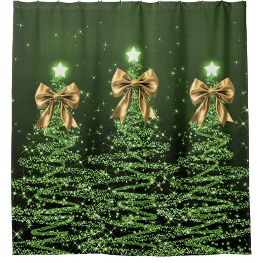 Rideaux De Douche Christmas Sparkling Trees Green Faux Gold Bow  (Devant)