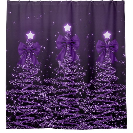 Rideaux De Douche Christmas Sparkling Trees Purple Faux Bow  (Devant)