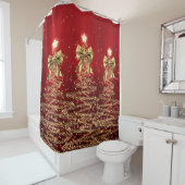 Rideaux De Douche Christmas Sparkling Trees Red Gold Faux Bow  (En situation)