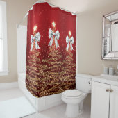 Rideaux De Douche Christmas Sparkling Trees Red Gold Silver Bow  (En situation)