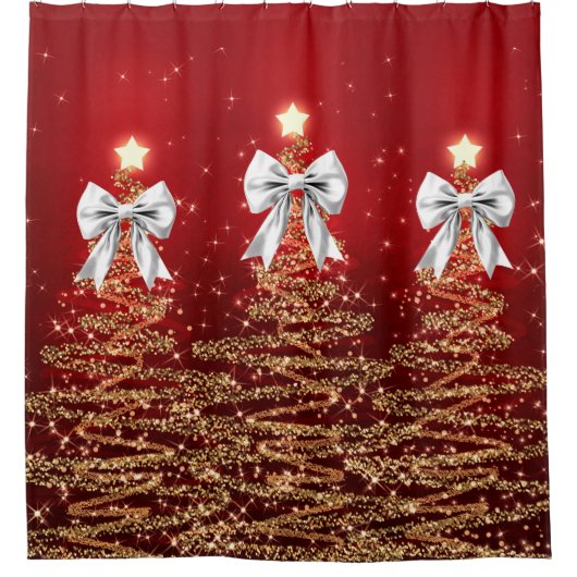 Rideaux De Douche Christmas Sparkling Trees Red Gold Silver Bow  (Devant)