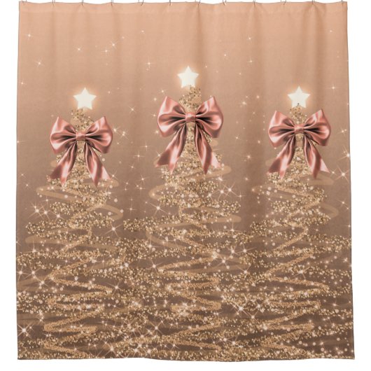 Rideaux De Douche Christmas Sparkling Trees Rose Gold Faux Bow  (Devant)