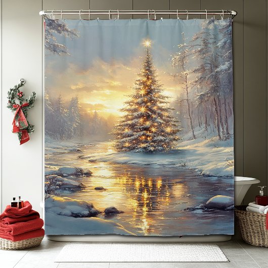Rideaux De Douche Christmas Tree Winter Forest River
