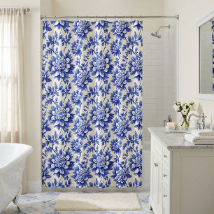 Rideaux De Douche Chrysanthème bleu et blanc Décoration de campagne 