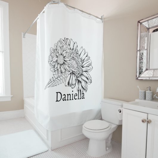 Rideaux De Douche Chrysanthemum Black Line Drawing with Your Name  (En situation)