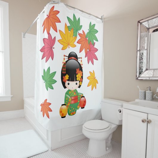 Rideaux De Douche Chute Kokeshi Poupée verte Kimono Geisha Girl (En situation)
