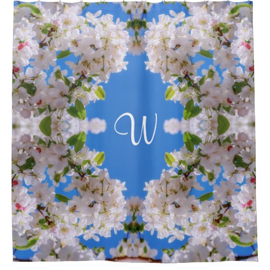 Rideaux De Douche Ciel bleu vif, Pomme blanche fleurs Monogramme (Devant)