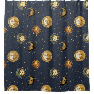 Rideaux De Douche Ciel Solaire & Lune Étoile Dorée Motif de Nuit (2)