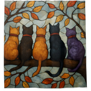 Rideaux De Douche Cinq chats sur une branche d'arbre de style vitrai
