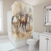 Rideaux De Douche « Cinq mustangs galopants » Aquarelle western pous (En situation)