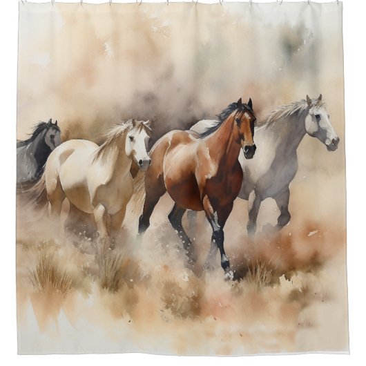 Rideaux De Douche « Cinq mustangs galopants » Aquarelle western pous (Devant)