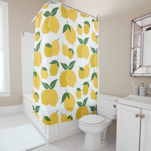 Rideaux De Douche Citron Motif Fruit Rétro Jaune Sur Blanc (En situation)