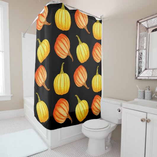 Rideaux De Douche Citrouille orange ronde et jaune. Col aquatique sa (En situation)