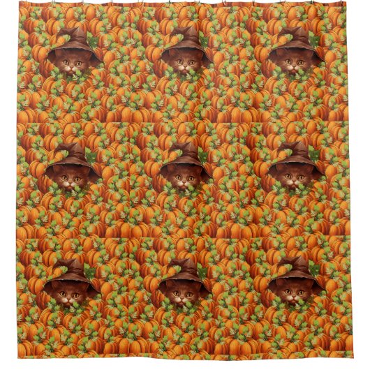 RIDEAUX DE DOUCHE CITROUILLES DE THANKSGIVING CHAT MIGNON (Devant)