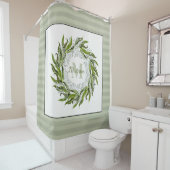 Rideaux De Douche Classic Green Wreath Monogram Sage Stripes  (En situation)