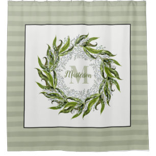 Rideaux De Douche Classic Green Wreath Monogram Sage Stripes 