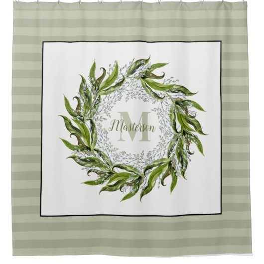 Rideaux De Douche Classic Green Wreath Monogram Sage Stripes  (Devant)