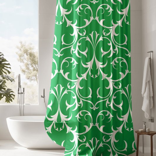 Rideaux De Douche Classique Kelly Green & White Damask Floral