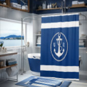 Rideaux De Douche Classique Monogrammé Marin Bleu Marine et Blanc