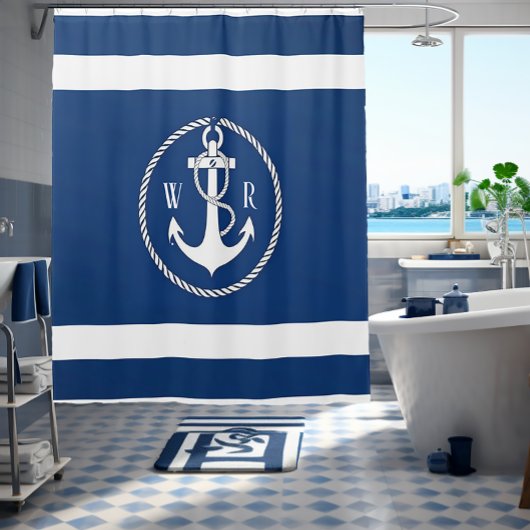Rideaux De Douche Classique Monogrammé Marin Bleu Marine et Blanc