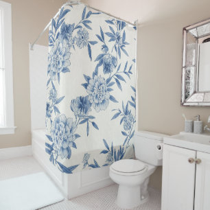 Rideaux De Douche Classique motif toile fleurie bleu aquarelle blanc