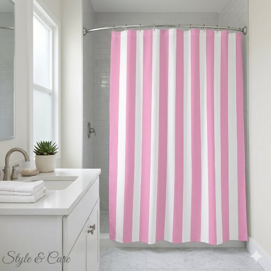 Rideaux De Douche Classique rayé rose clair et blanc