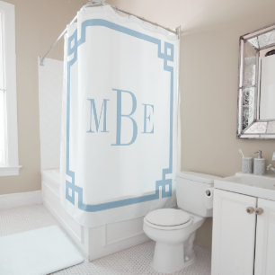 Rideaux De Douche Clé grecque bleu ciel et blanc Monogrammé
